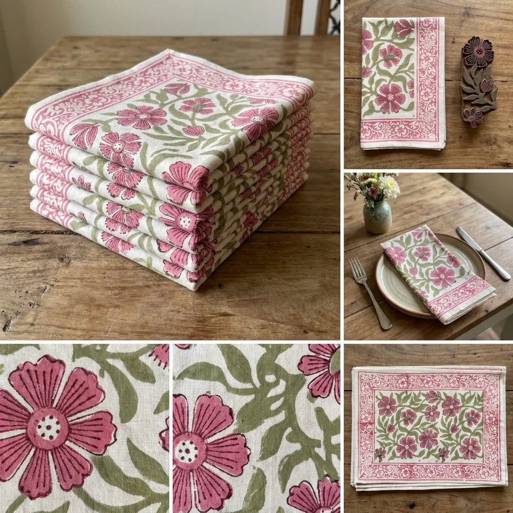 Dusty Rose & Sage Green Jaipur hand block printed cotton napkins set of 6 | India natural colors hand block table runners napkins table mats Jaipur handmade aesthetics handicraft | House of Avana