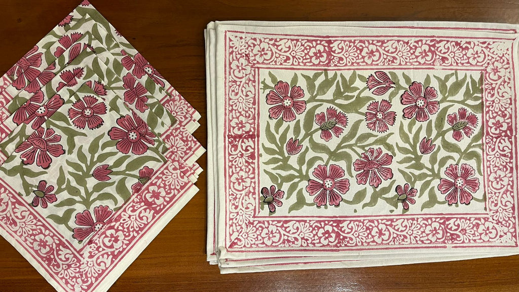 Dusty Rose & Sage Green Sanganer hand block printed table mats and napkins | Jaipur handicraft aesthetics handmade table runners napkins table mats India natural colors hand block | House of Avana