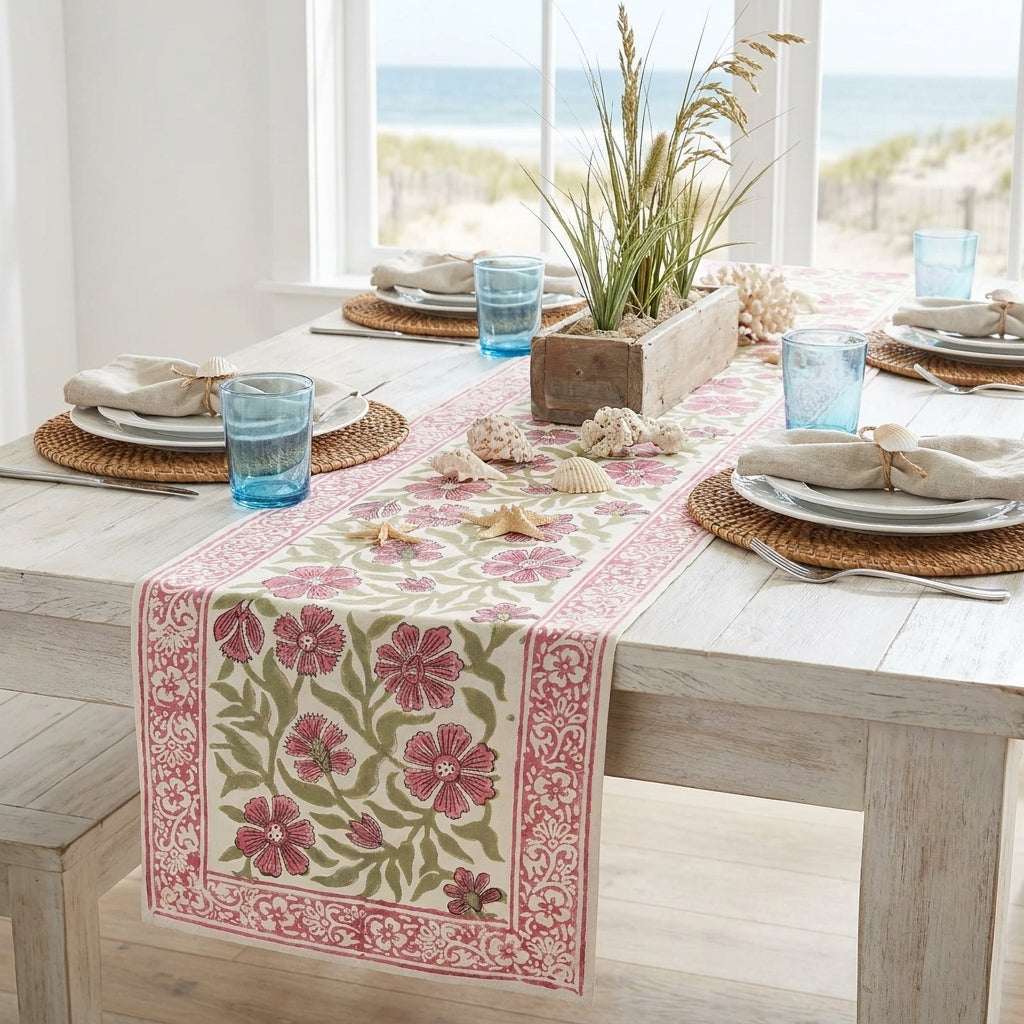 Dusty Rose & Sage Green table runner in coastal dining setup | Jaipur handicraft aesthetics handmade table runners napkins table mats India natural colors hand block | House of Avana [[SKU:HOA-TR-DRSG2-003]]
