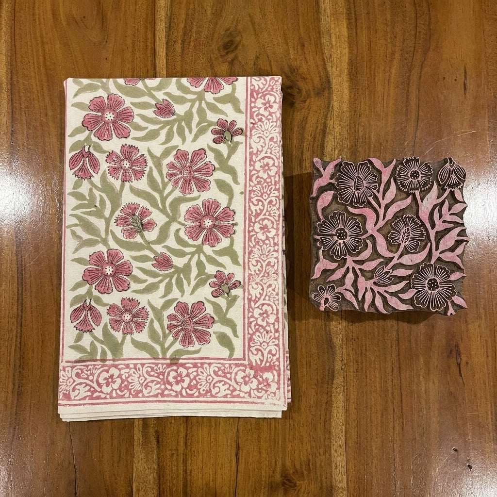 Dusty Rose & Sage Green table runner on wooden dining table | hand block printed table runners napkins table mats Jaipur handmade handicraft India natural colors | House of Avana [[SKU:HOA-TR-DRSG2-003]]