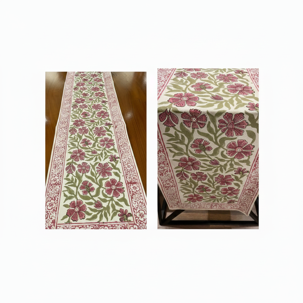 Dusty Rose & Sage Green handmade 13-piece cotton table linen set | handmade Jaipur handicraft table runners table mats napkins hand block India natural colors aesthetics | House of Avana
