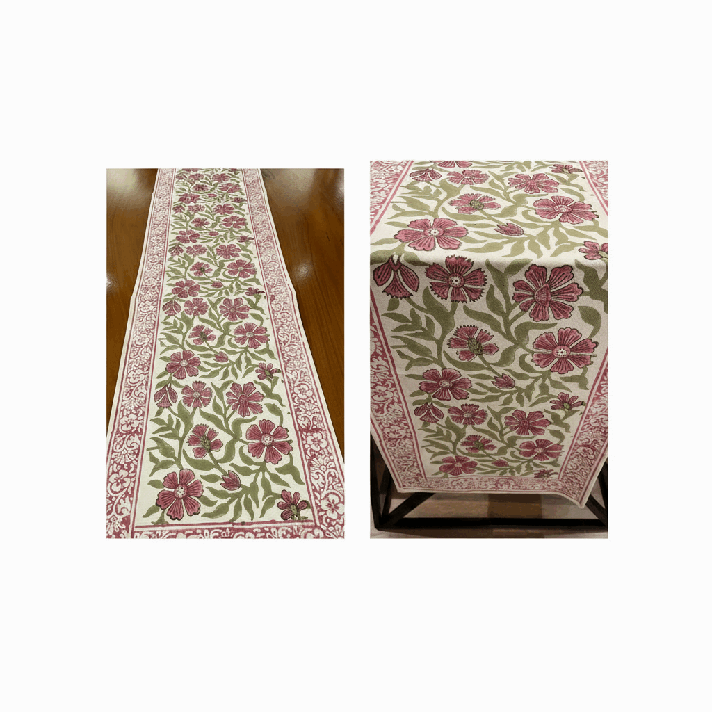 Dusty Rose & Sage Green handmade 13-piece cotton table linen set | handmade Jaipur handicraft table runners table mats napkins hand block India natural colors aesthetics | House of Avana [[SKU:HOA-TR-DRSG2-003]]