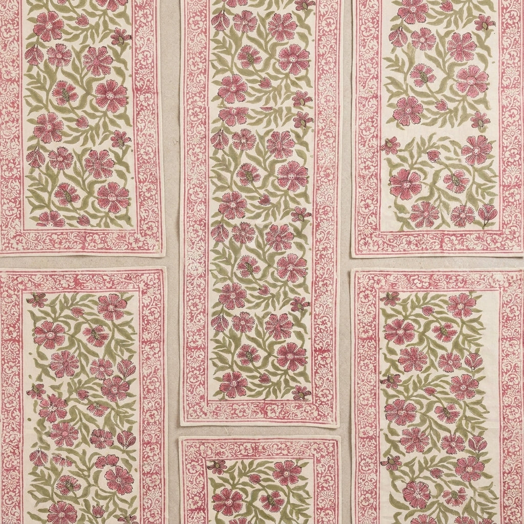 Dusty Rose & Sage Green hand block printed table runners stacked | India natural colors hand block table runners napkins table mats Jaipur handmade aesthetics handicraft | House of Avana