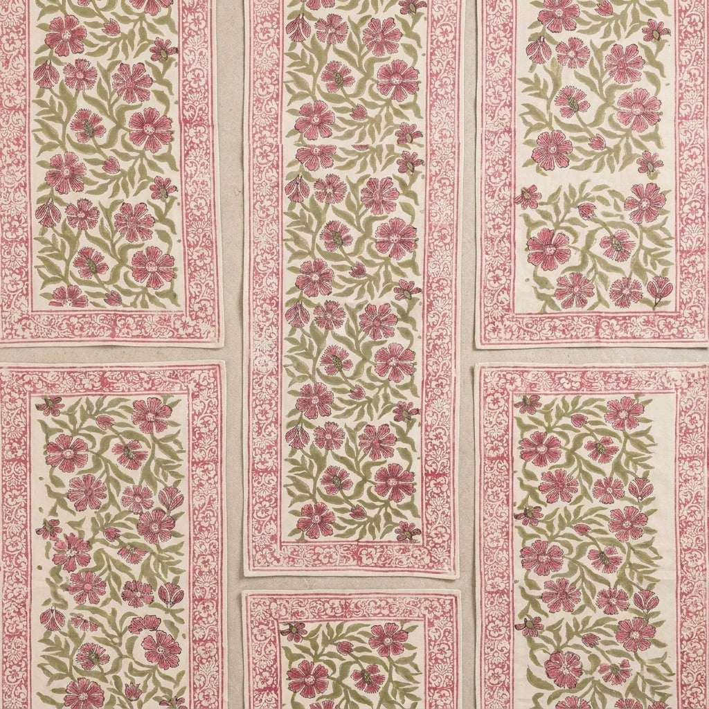 Dusty Rose & Sage Green hand block printed table runners stacked | India natural colors hand block table runners napkins table mats Jaipur handmade aesthetics handicraft | House of Avana [[SKU:HOA-TR-DRSG2-003]]
