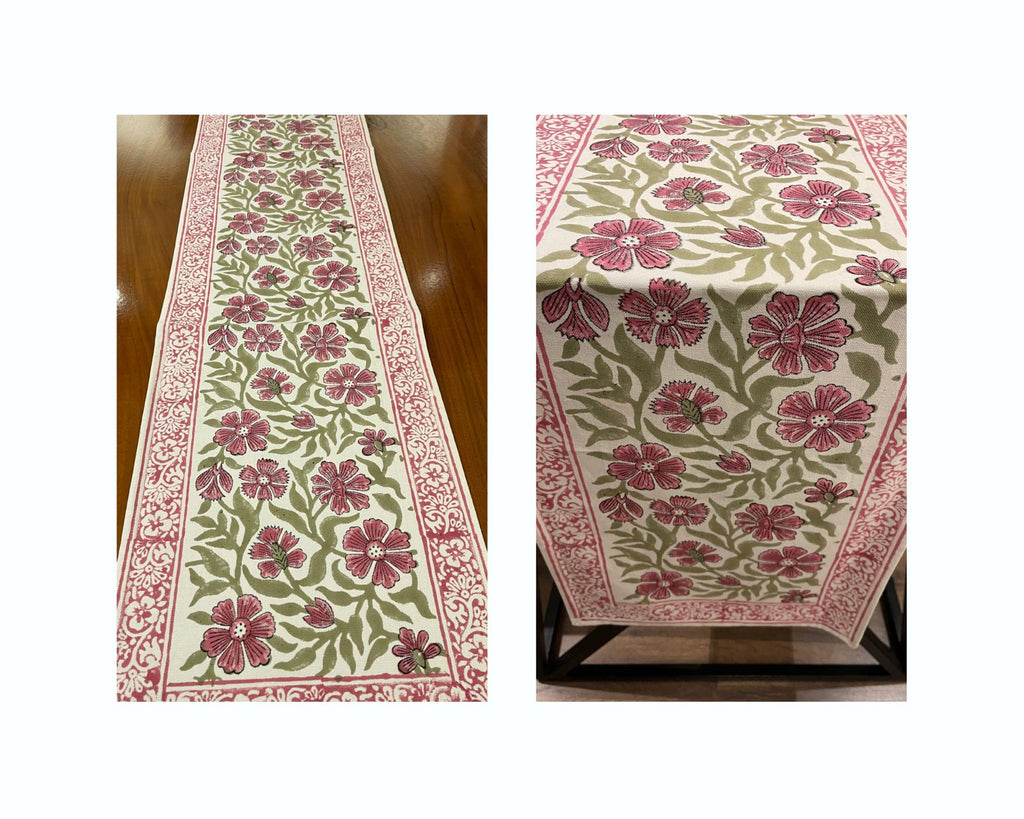 Dusty Rose & Sage Green Sanganer handmade cotton table runner | hand block printed table runners napkins table mats Jaipur handmade handicraft India natural colors | House of Avana