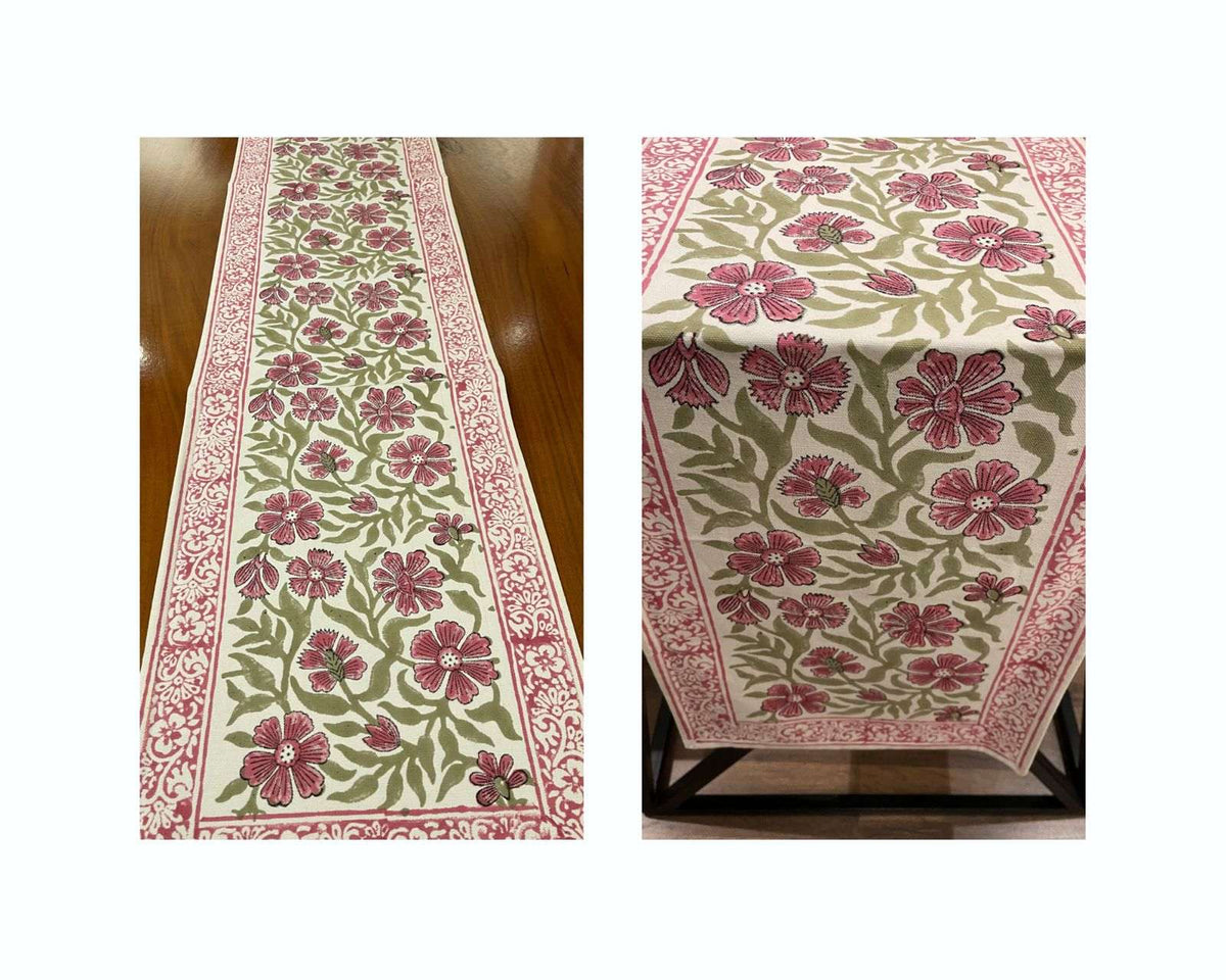 Dusty Rose & Sage Green Sanganer handmade cotton table runner | hand block printed table runners napkins table mats Jaipur handmade handicraft India natural colors | House of Avana [[SKU:HOA-TR-DRSG2-003]]