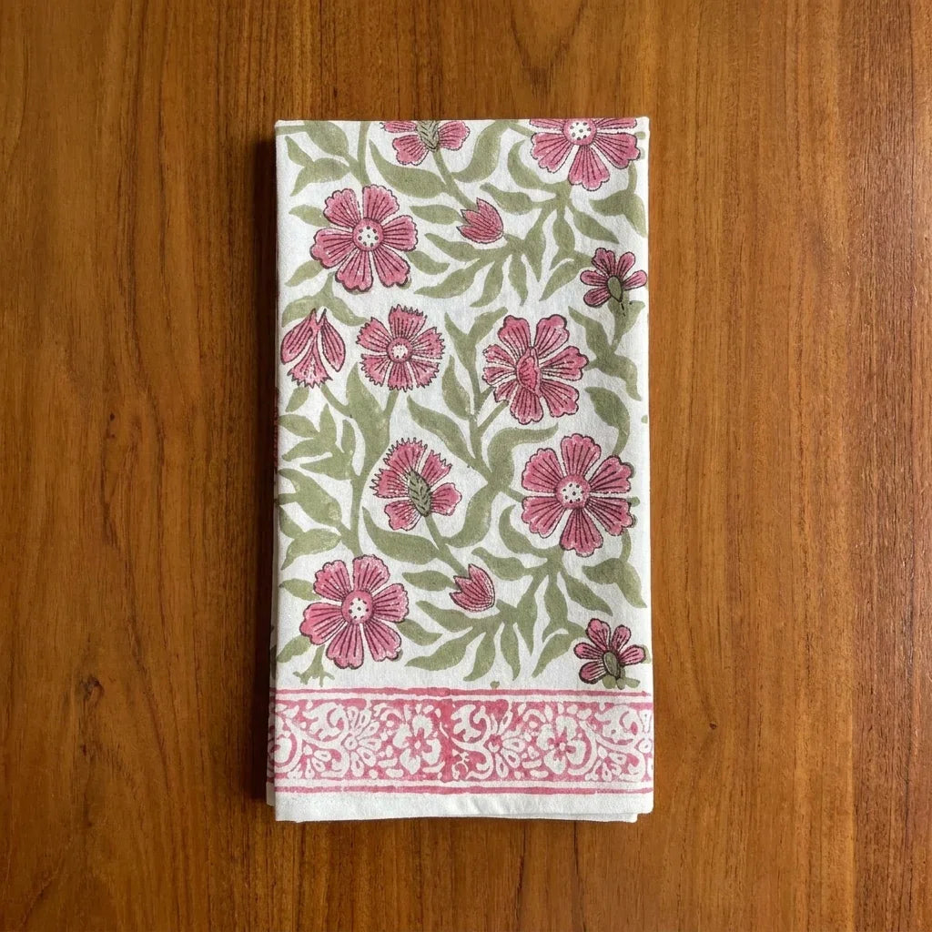 Dusty Rose & Sage Green floral motif handmade cotton napkin | handmade Jaipur handicraft table runners table mats napkins hand block India natural colors aesthetics | House of Avana