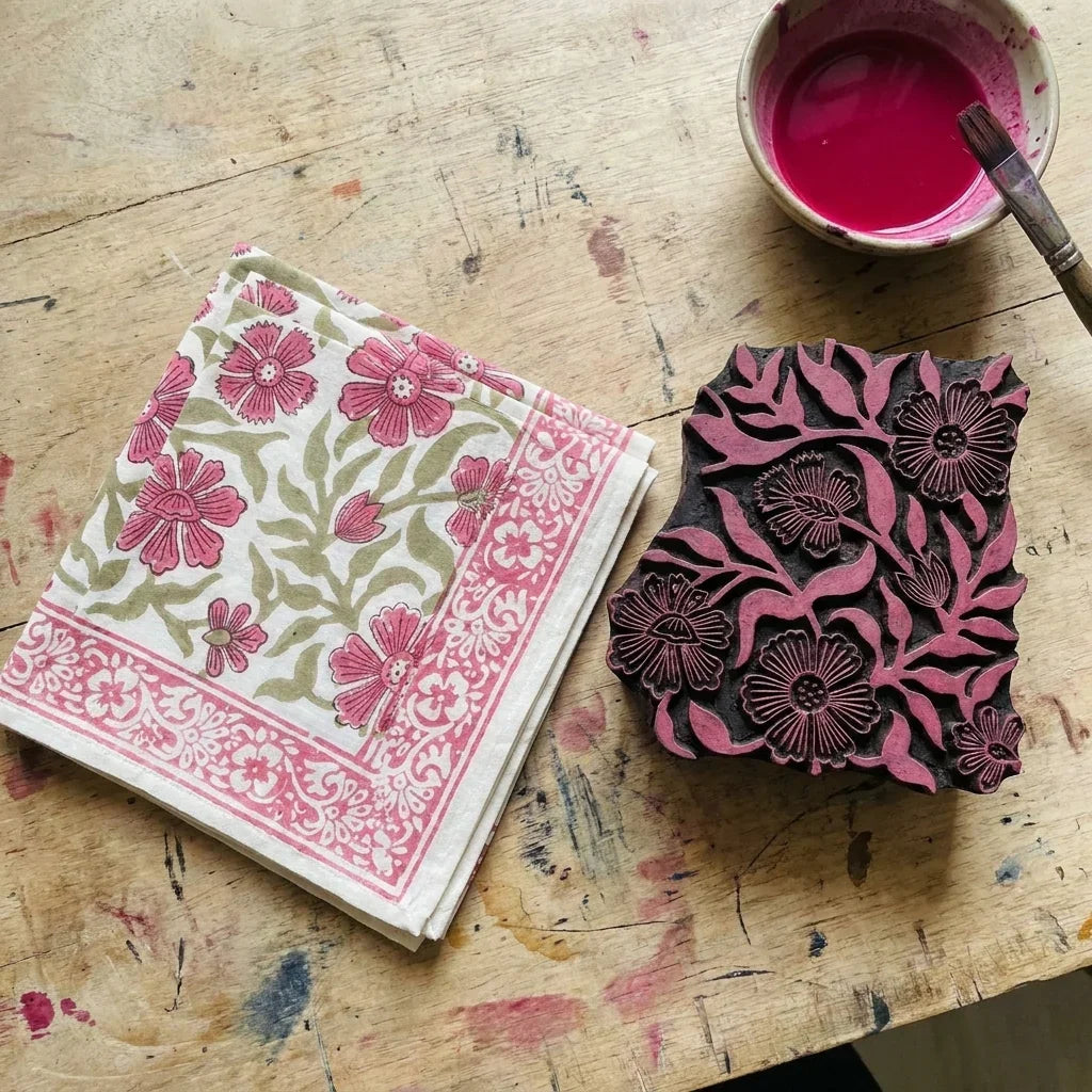 Dusty Rose & Sage Green napkins being hand block printed on dye workbench Jaipur | India natural colors hand block table runners napkins table mats Jaipur handmade aesthetics handicraft | House of Avana