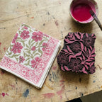 Dusty Rose & Sage Green napkins being hand block printed on dye workbench Jaipur | India natural colors hand block table runners napkins table mats Jaipur handmade aesthetics handicraft | House of Avana