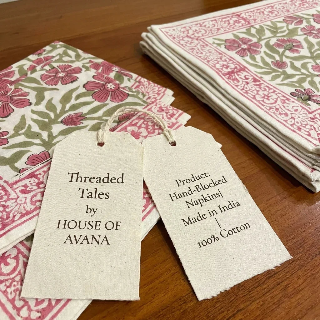 Dusty Rose & Sage Green cotton fabric with artisan product tags | Jaipur handicraft aesthetics handmade table runners napkins table mats India natural colors hand block | House of Avana
