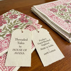Dusty Rose & Sage Green cotton fabric with artisan product tags | Jaipur handicraft aesthetics handmade table runners napkins table mats India natural colors hand block | House of Avana