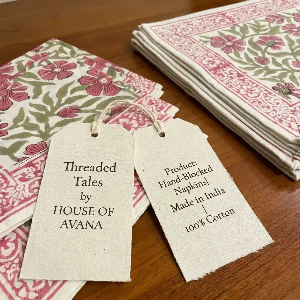 Dusty Rose & Sage Green cotton fabric with artisan product tags | Jaipur handicraft aesthetics handmade table runners napkins table mats India natural colors hand block | House of Avana [[SKU:HOA-TR-DRSG2-003]]