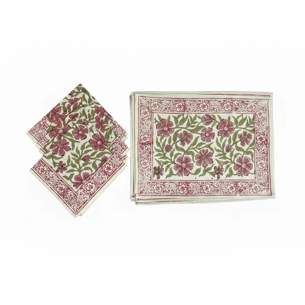 Dusty Rose & Sage Green handmade 13-piece cotton table linen set | hand block printed table runners napkins table mats Jaipur handmade handicraft India natural colors | House of Avana