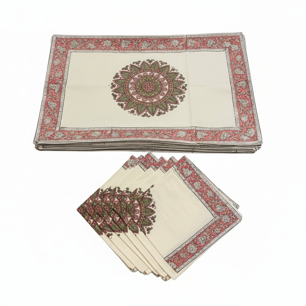 Dusty Rose & Sage Green Sanganer hand block printed table mats and napkins | India natural colors hand block table runners napkins table mats Jaipur handmade aesthetics handicraft | House of Avana