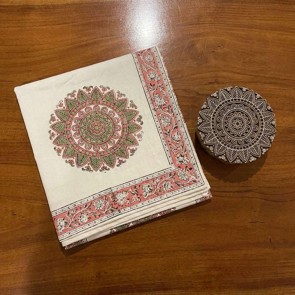 Dusty Rose & Sage Green table runner with traditional Jaipur printing block | Jaipur handicraft aesthetics handmade table runners napkins table mats India natural colors hand block | House of Avana [[SKU:HOA-TR-DRSG1-001]]