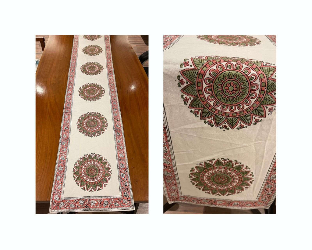 Dusty Rose & Sage Green Sanganer handmade cotton table runner | handmade Jaipur handicraft table runners table mats napkins hand block India natural colors aesthetics | House of Avana [[SKU:HOA-TR-DRSG1-001]]