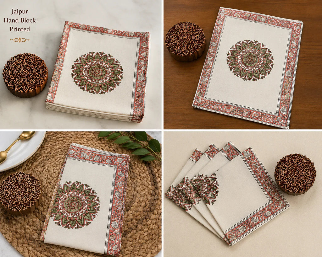 Dusty Rose & Sage Green handmade 13-piece cotton table linen set | India natural colors hand block table runners napkins table mats Jaipur handmade aesthetics handicraft | House of Avana