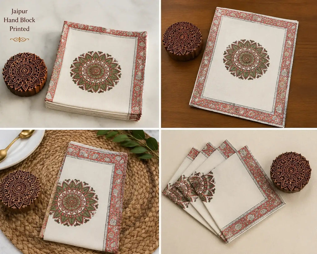 Dusty Rose & Sage Green handmade 13-piece cotton table linen set | India natural colors hand block table runners napkins table mats Jaipur handmade aesthetics handicraft | House of Avana [[SKU:HOA-TR-DRSG1-001]]