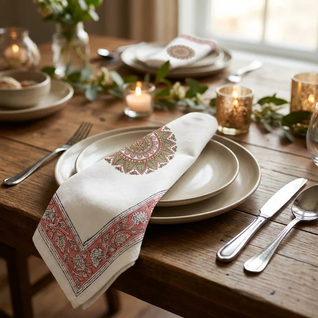 Dusty Rose & Sage Green table mat and napkin dinner place setting | Jaipur handicraft aesthetics handmade table runners napkins table mats India natural colors hand block | House of Avana