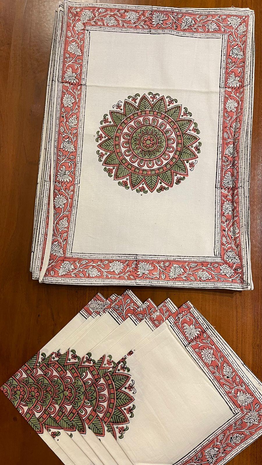 Dusty Rose & Sage Green handmade 13-piece cotton table linen set | hand block printed table runners napkins table mats Jaipur handmade handicraft India natural colors | House of Avana