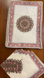 Dusty Rose & Sage Green handmade 13-piece cotton table linen set | hand block printed table runners napkins table mats Jaipur handmade handicraft India natural colors | House of Avana