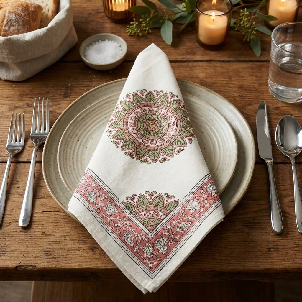 Dusty Rose & Sage Green table mat and napkin dinner place setting | handmade Jaipur handicraft table runners table mats napkins hand block India natural colors aesthetics | House of Avana