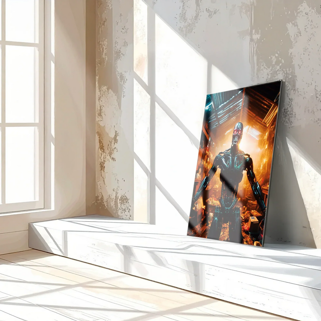 Dystopian Cyborg Encounter – UV Printed Sci-Fi Glass Wall Art for Futuristic Decor - KAFCD108 Peony Atelier
