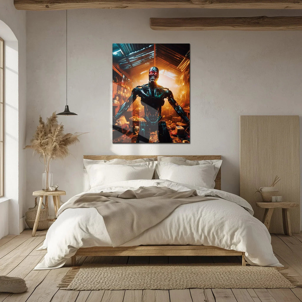 Dystopian Cyborg Encounter – UV Printed Sci-Fi Glass Wall Art for Futuristic Decor - KAFCD108 Peony Atelier