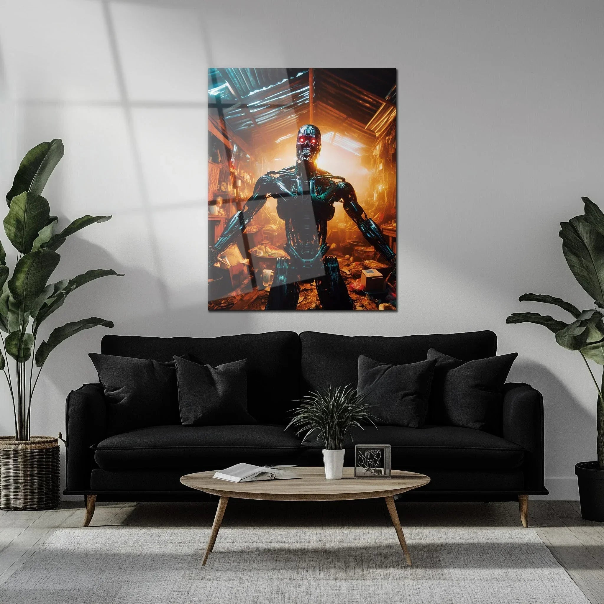 Dystopian Cyborg Encounter – UV Printed Sci-Fi Glass Wall Art for Futuristic Decor - KAFCD108 Peony Atelier