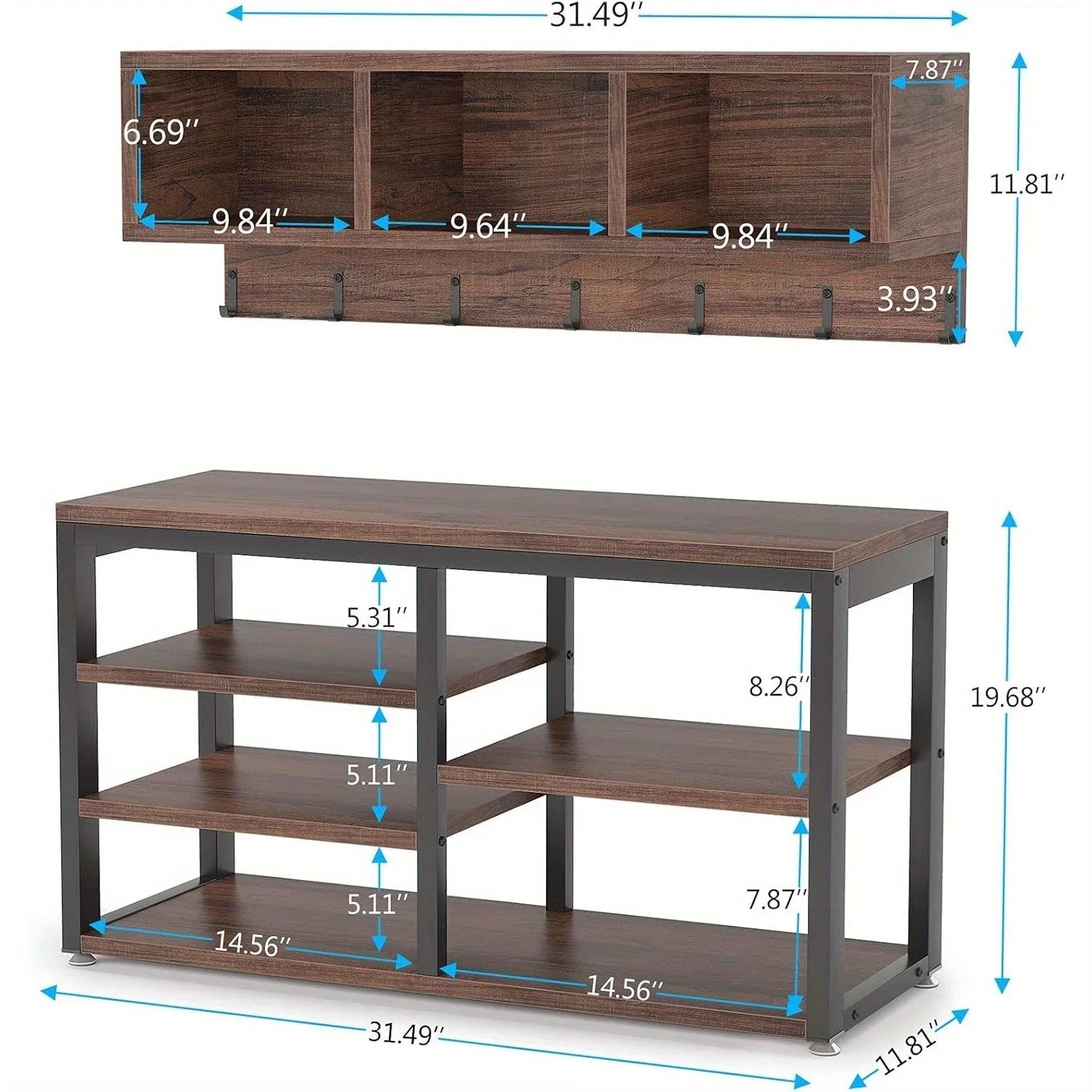 5-in-1 Entryway Organizer with Bench & Shoe Storage - Rustic Industrial Coat Rack with 7 Hooks, 3 Cubbies, 3-Tier Shelves & Seat - Hardwood & Metal Construction, Easy Assembly for Hallway, Foyer, Living Room House Of Avana
