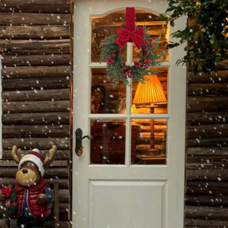 25.4 cm Artificial Faux Norfolk Pine Christmas Wreath with Red Berries, Burgundy Bow & Snow-Like Foliage - Pre-Decorated All-Weather /Outdoor Xmas Door Hanging Decoration, Easy to Install (No Maintenance) - Plastic Green Wrea House Of Avana