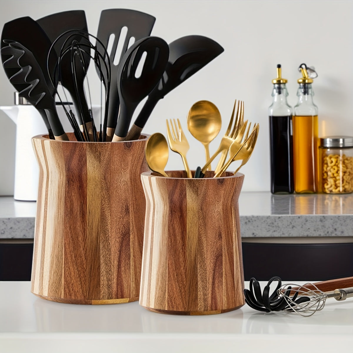 LEEAN Acacia Wood Utensil Holder - 360° Rotating Kitchen Organizer with 7.2in & 5.9in Compartments, Natural Wood Farmhouse Decor for Spatulas, Whisks & Cooking Tools, Wooden Kitchen Accessories, Modern Countertop, Sturdy Con House Of Avana