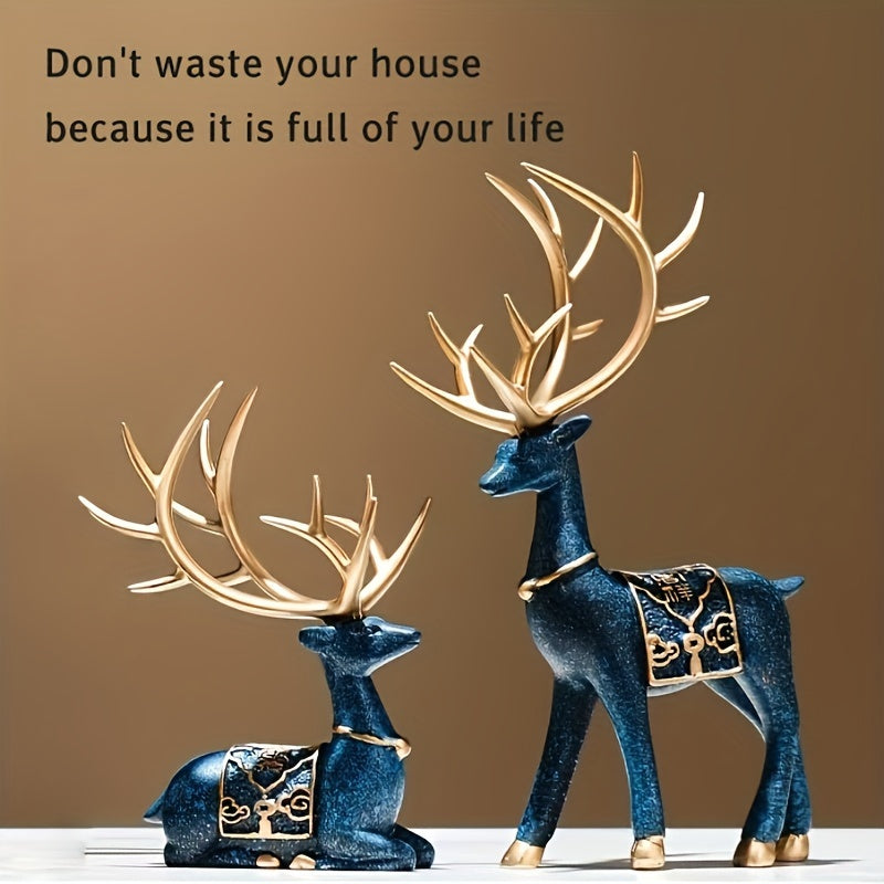 Resin Reindeer Statue Set - Elegant Antler Design with Golden-Tipped Tines & Dark Blue/Golden Collectible Holiday Decor for Christmas, Halloween, Easter, Thanksgiving - Indoor/Outdoor Durable Sculpture, No Electricity Needed, House Of Avana