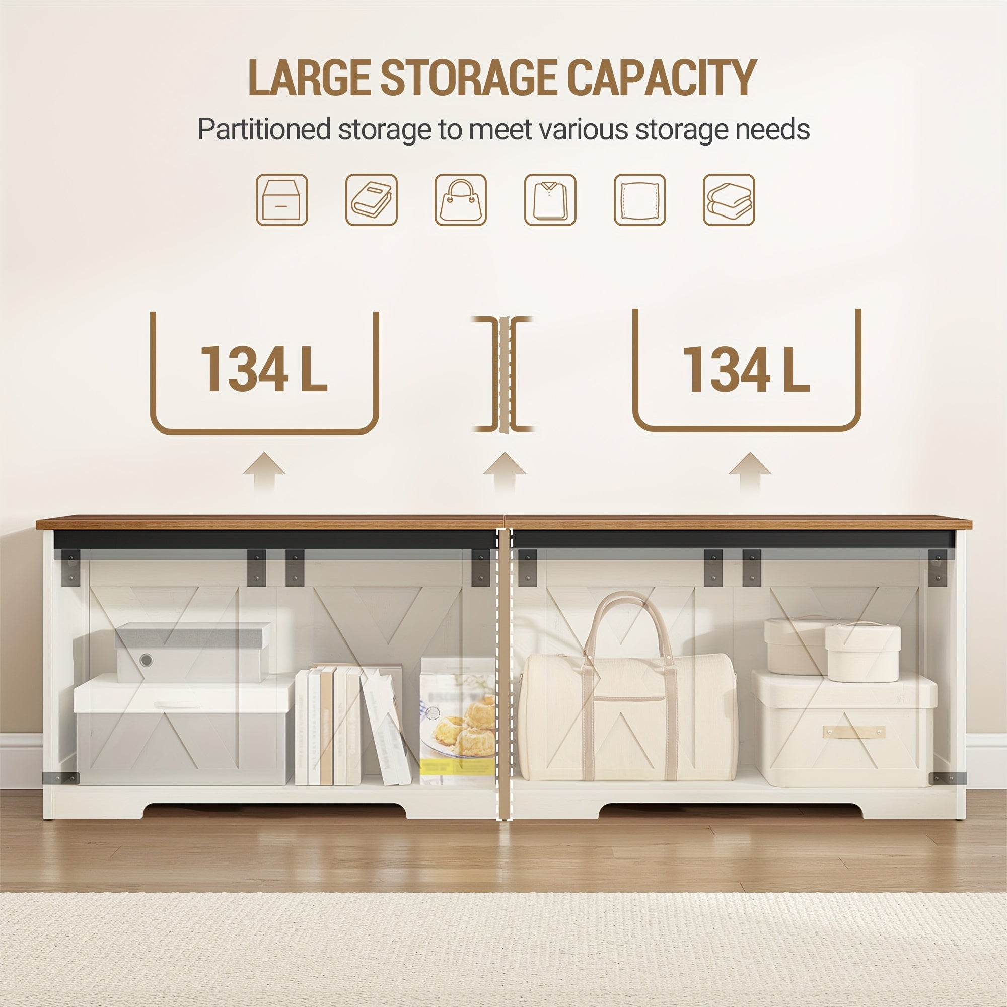 59" Storage Chest, Extra Large Storage Trunk with 2 Safety Hinges, Farmhouse Wooden Box Bench, Lift-Top Organizer Chest, Entryway Trunk for Bedroom, Living Room, White And Brown House Of Avana