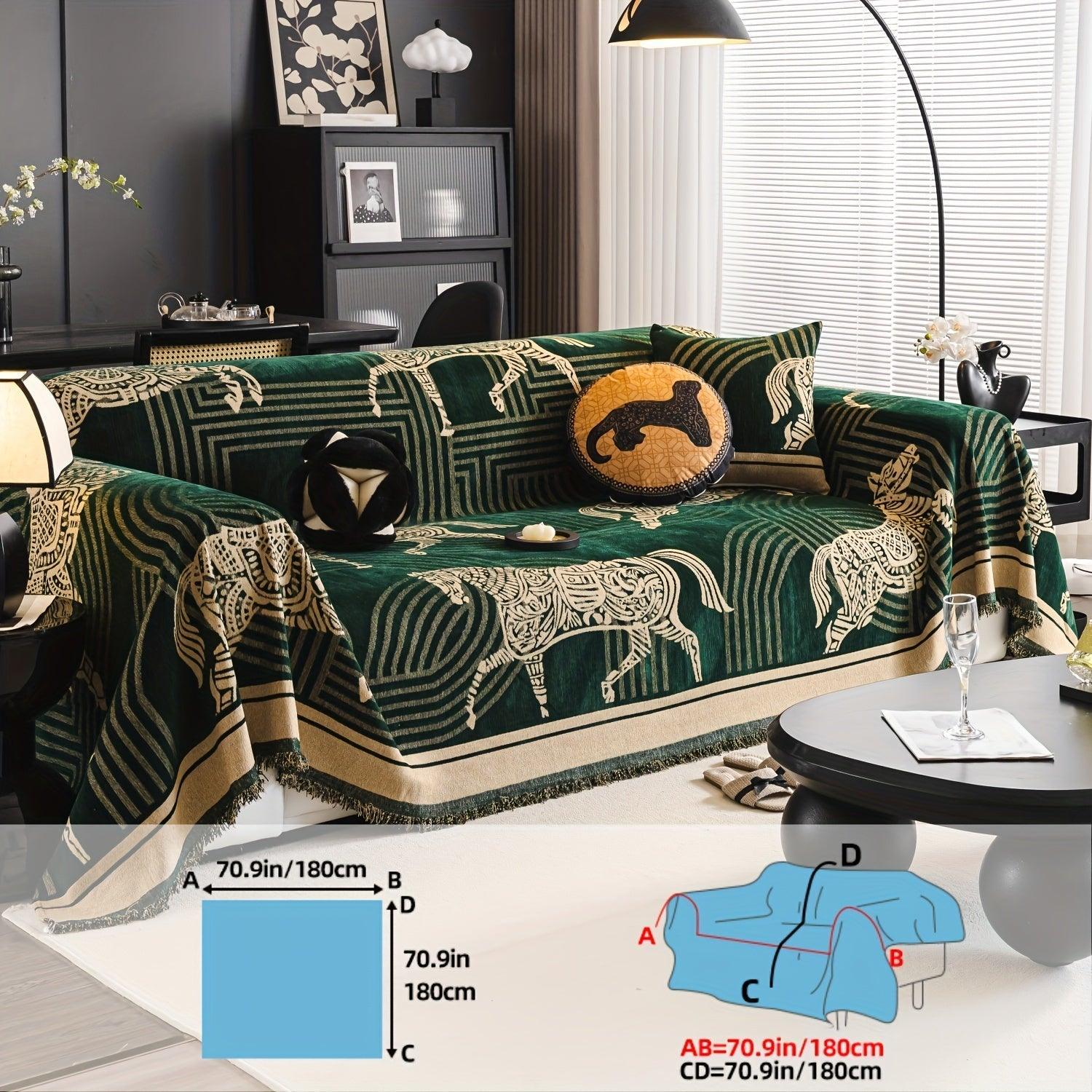 Luxurious Chenille Horse Design Sofa Cover Decor in Orange & Green topspet