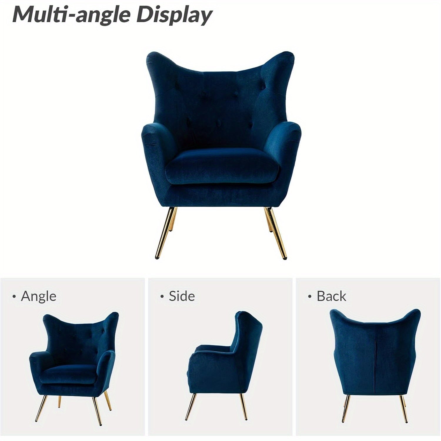 1pc Modern Velvet Wingback Arm Chair with Golden Metal Legs - Tufted Upholstered Accent Chair in Blue/Yellow, Wood Frame, Perfect for Living Room, Bedroom, or Dining Room, Chair for Living Room House Of Avana