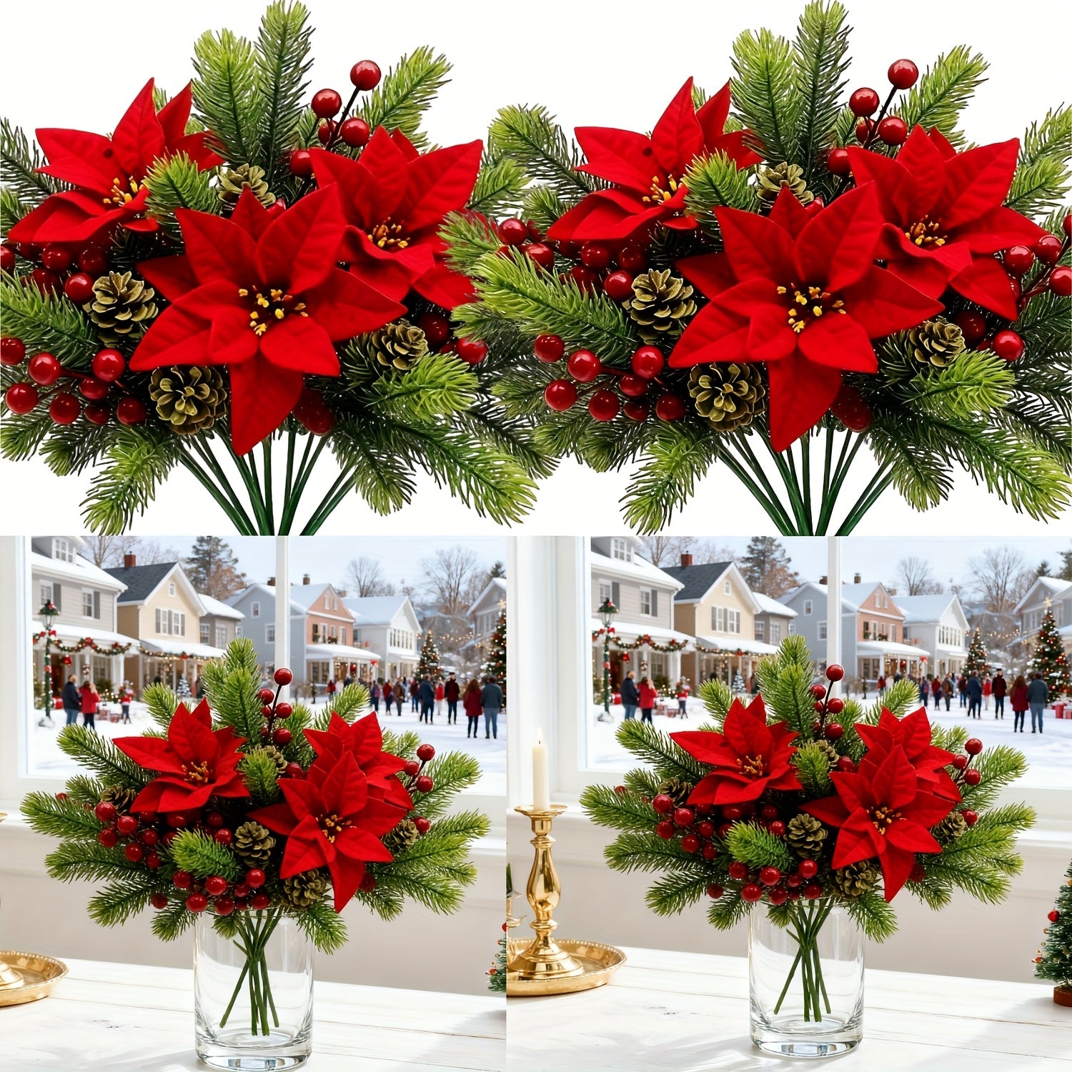 5-Pack Premium Poinsettia Pine Branch Artificial Flowers with Faux Pinecones and Berries Bouquet - Holiday Faux Flower Decor, Suitable for Home Decor, Wreath Decor, Christmas Theme, Christmas, DIY Indoor and Outdoor Wedding P House Of Avana