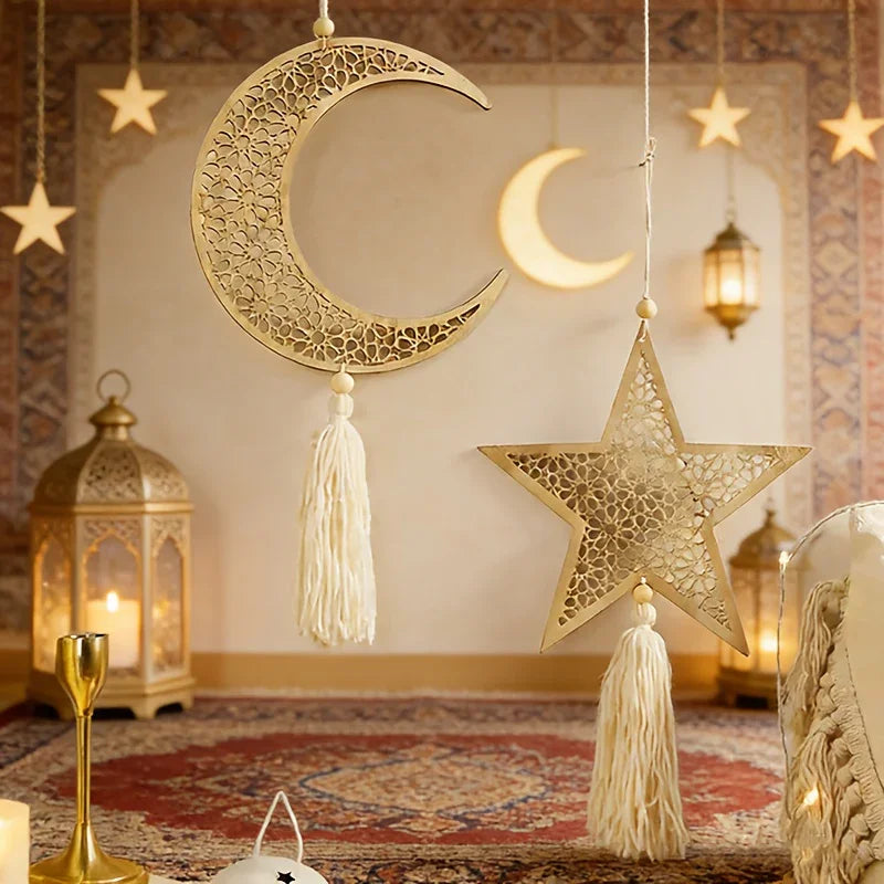 Necklace - Islamic Wooden Crescent Star Pendant