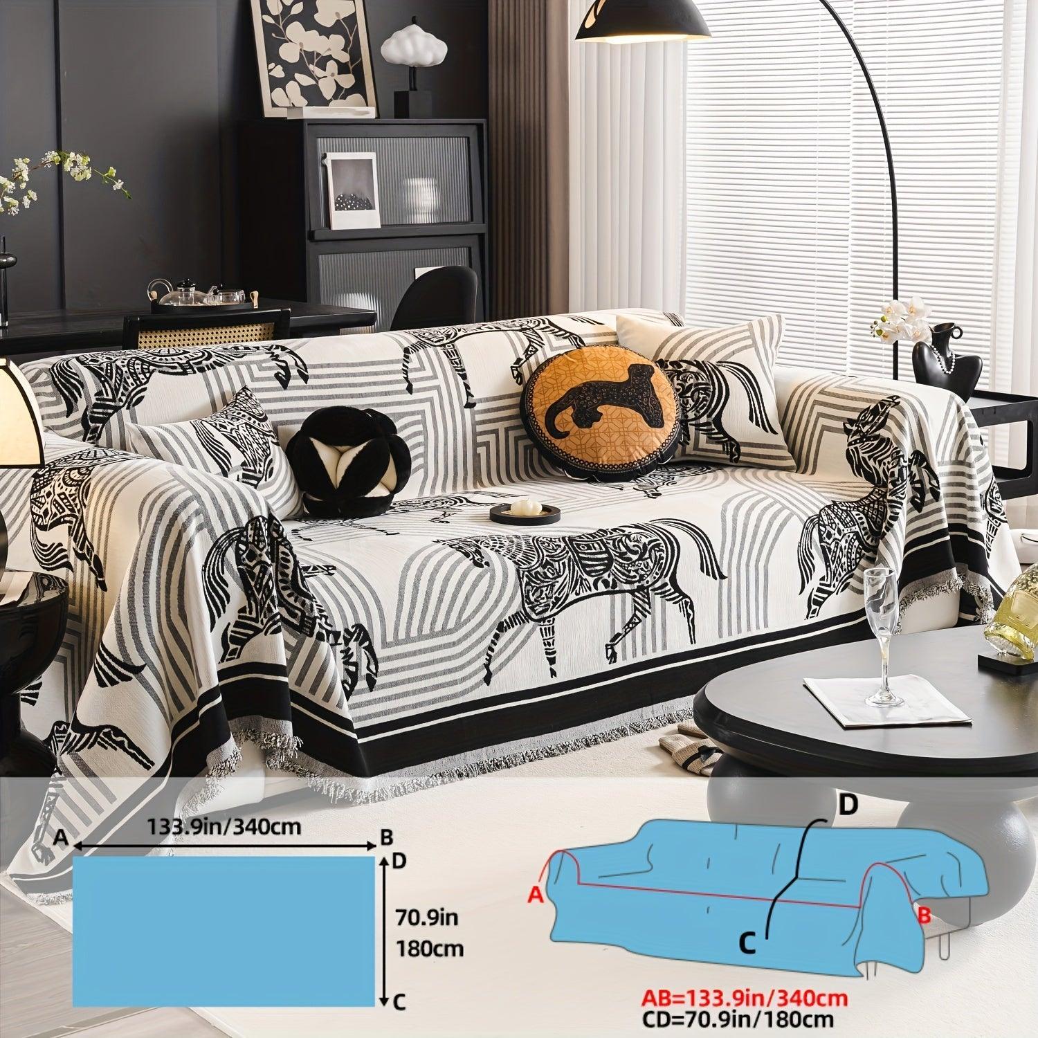 Luxurious Chenille Horse Design Sofa Cover Decor in Orange & Green topspet