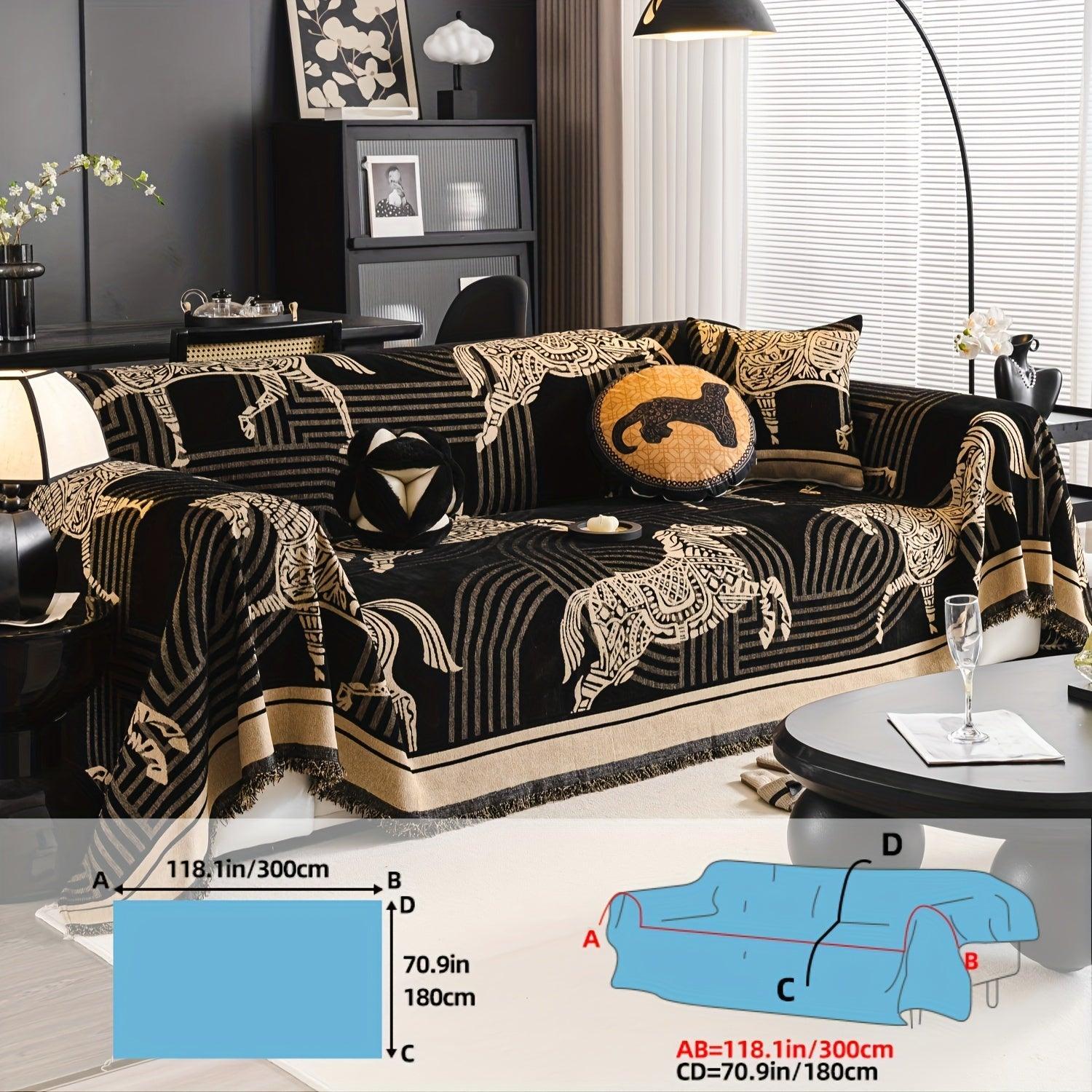 Luxurious Chenille Horse Design Sofa Cover Decor in Orange & Green topspet