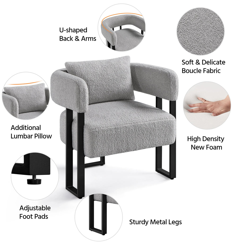 Costoffs Boucle Accent Chair Upholstered Armchair Vanity Chair with throw pillow & Adjustable Feet for Living Room/Bedroom/Home/Office/Small Space, White/Grey House Of Avana