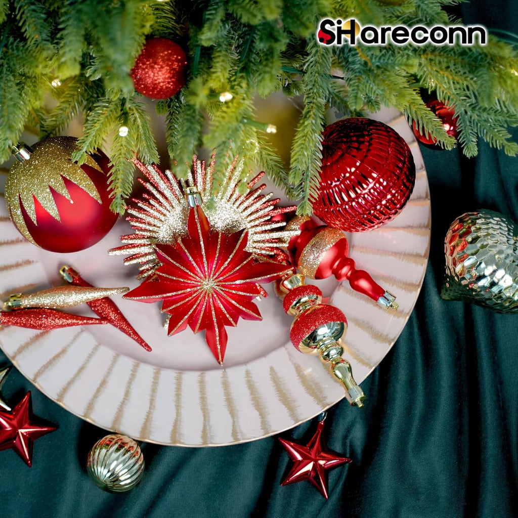 80pcs Christmas Ornaments Set, Shatterproof Heavy-Duty Plastic Decorations with Hanging Strings, for Xmas Tree Wreaths Weddings Parties, Large Red & Golden Spherical Shapes Golden Star, Indoor/Outdoor & Pets House Of Avana