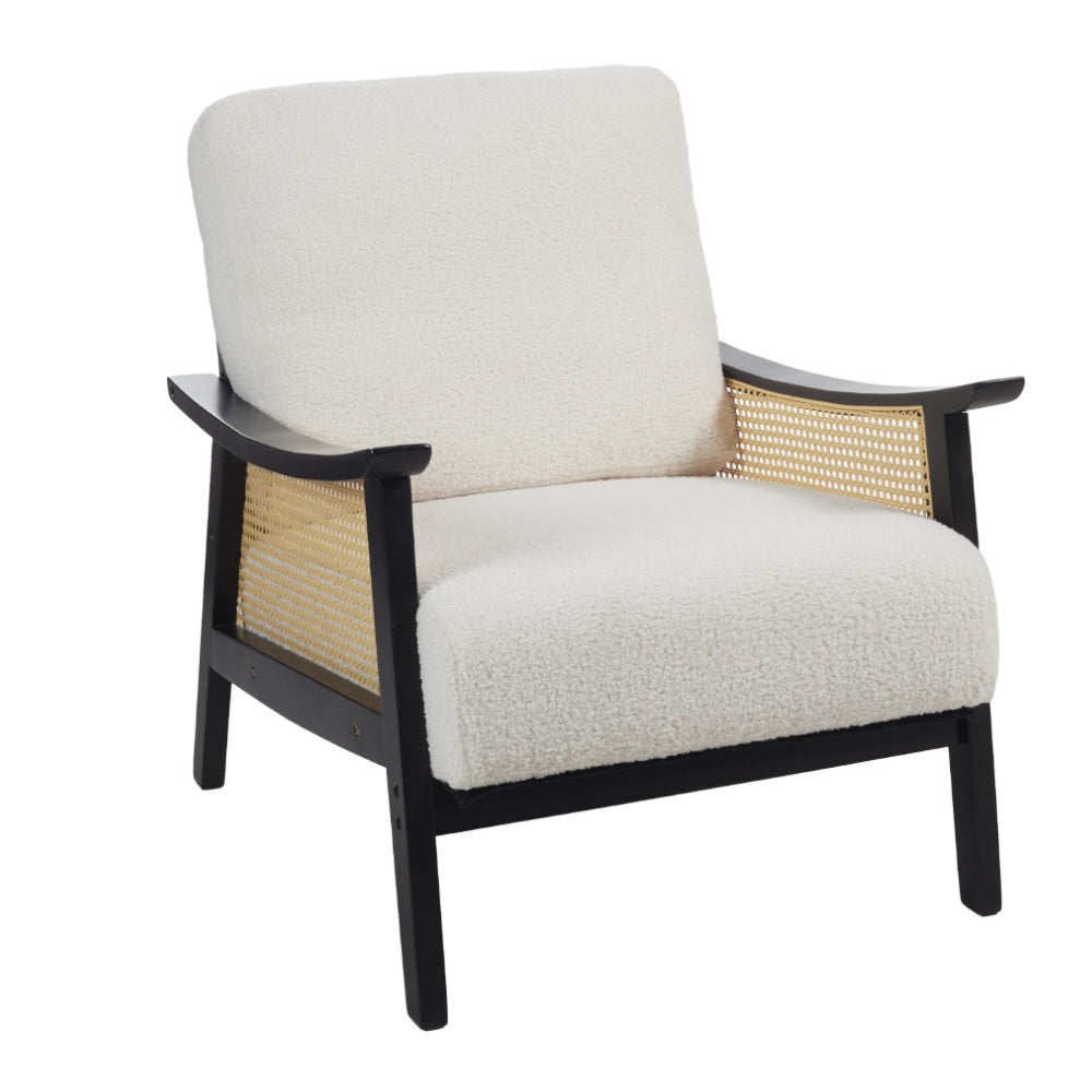 White Single Leisure Sofa, Rattan Decorative Armrest Upholstered Boucle Fabric Wingback Armchair with Padded Seat for Living Room Lounge Sofa Meeting Visitor Chair Cozy Chair for Bedroom Home Office House Of Avana