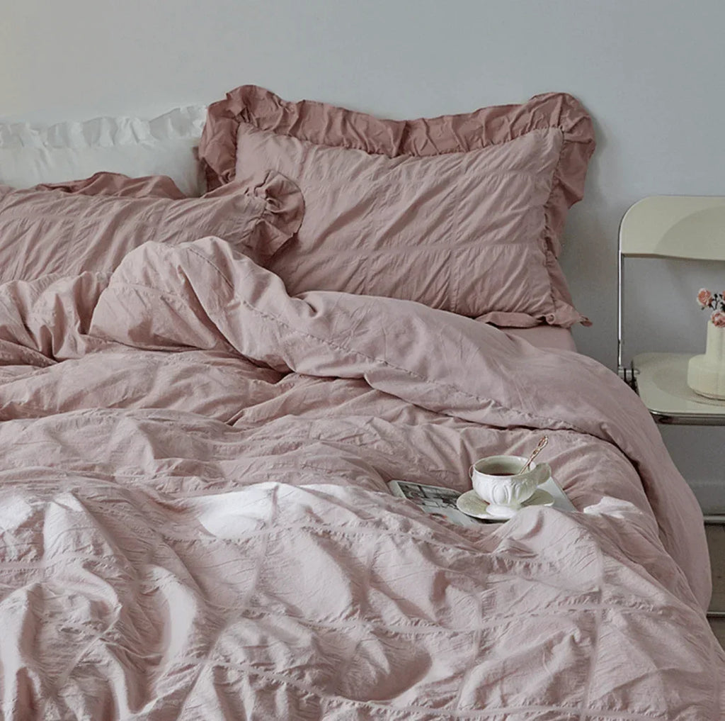 Earth Tone Marshmallow Puff Ruffle Bedding Set / Rust Pink Ever Lasting