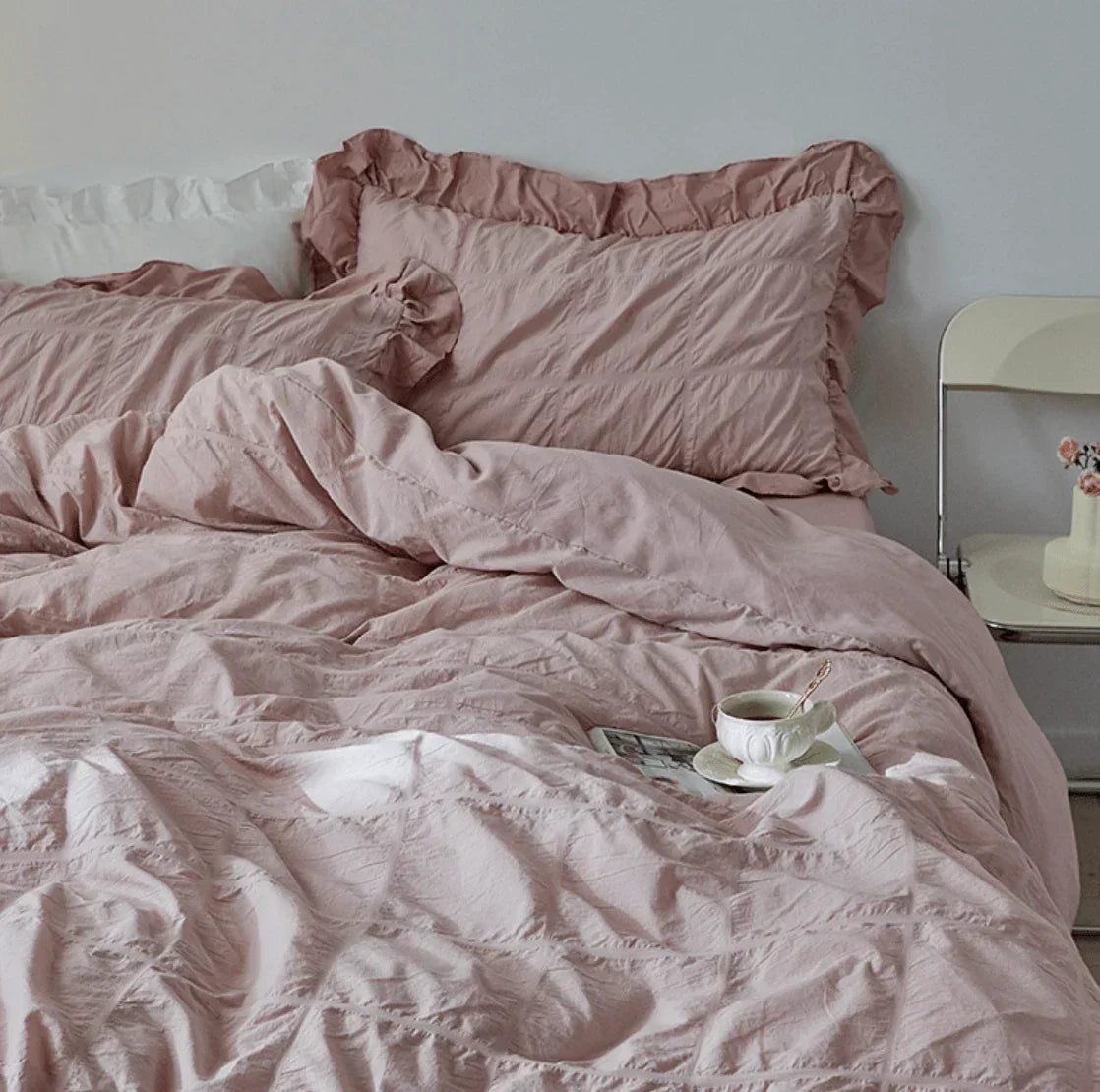 Earth Tone Marshmallow Puff Ruffle Bedding Set / Rust Pink Ever Lasting