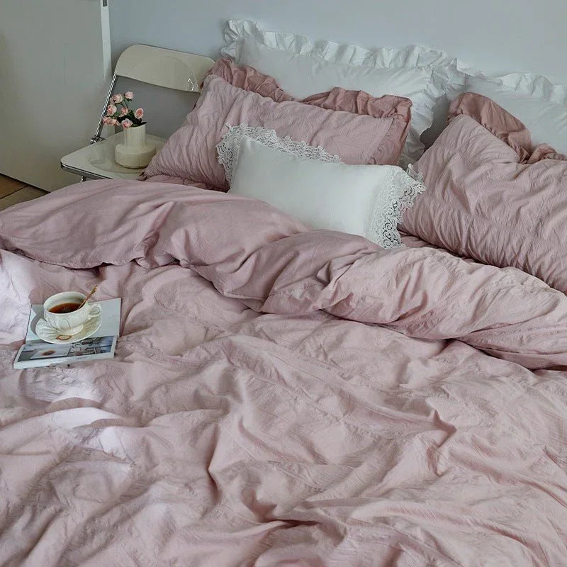 Earth Tone Marshmallow Puff Ruffle Bedding Set / Rust Pink Ever Lasting