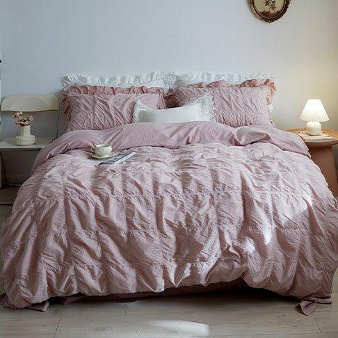 Earth Tone Marshmallow Puff Ruffle Bedding Set / Rust Pink Ever Lasting
