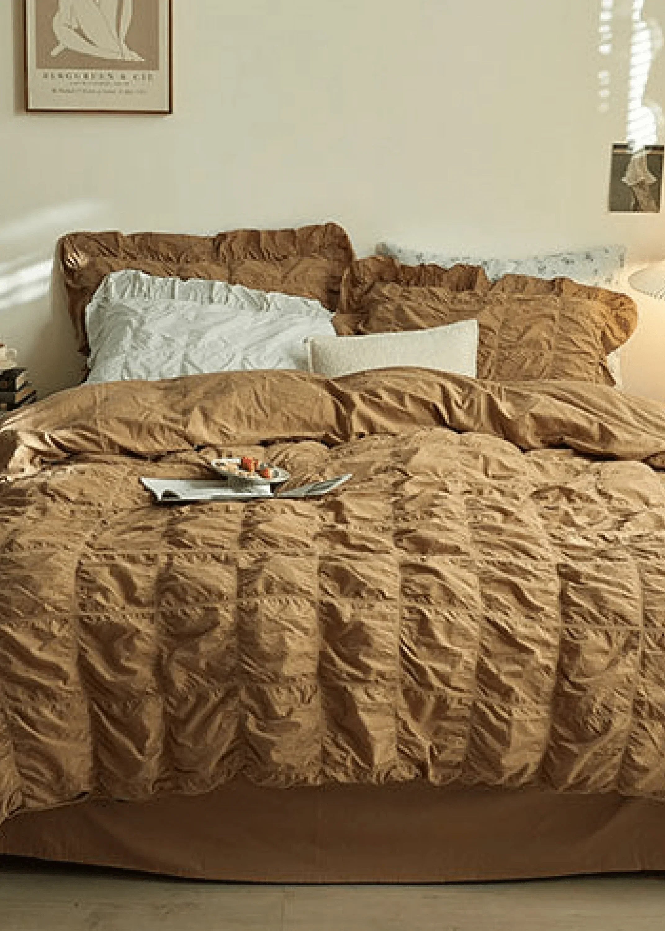 Earth Tone Marshmallow Puff Ruffle Bedding Set / Rust Pink Ever Lasting