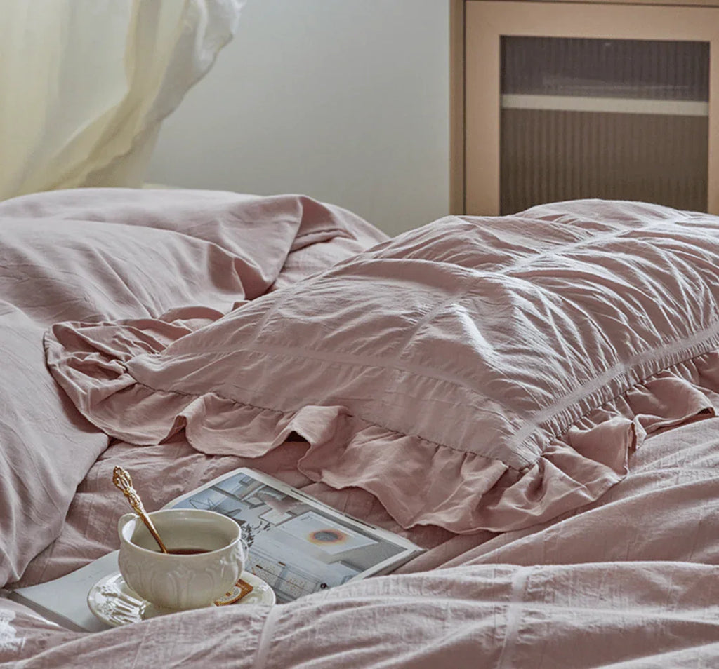 Earth Tone Marshmallow Puff Ruffle Bedding Set / Rust Pink Ever Lasting