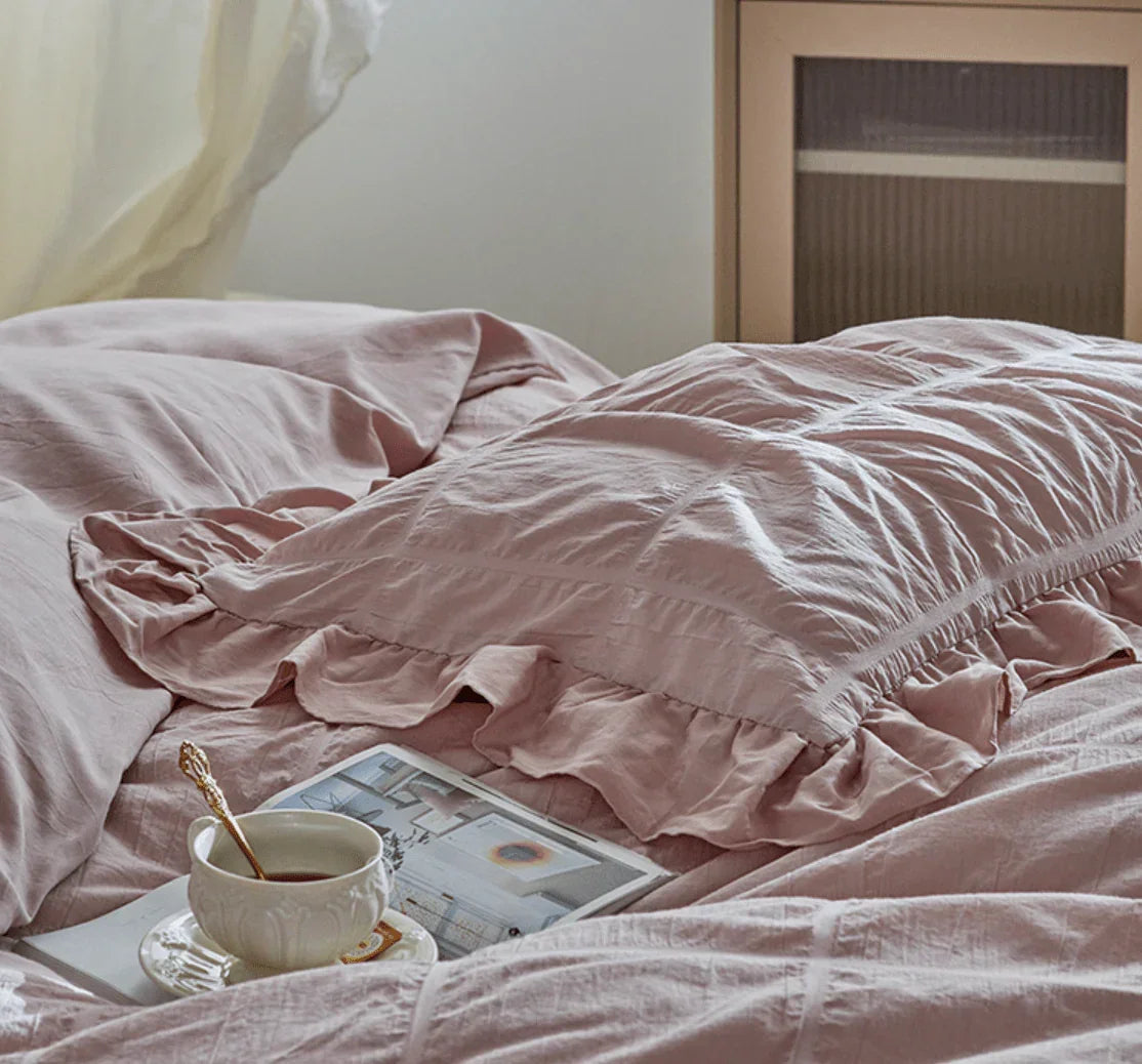 Earth Tone Marshmallow Puff Ruffle Bedding Set / Rust Pink Ever Lasting